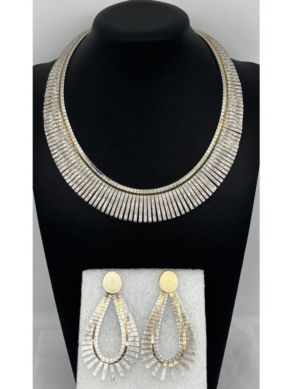 Set Two Tone Egyptian Style Fringe Collar Earrings Sterling Silver Vermeil Italy